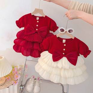 New Style Children's Dress with Big Bow, Sweet Baby Clothes, Girls' Short-Sleeved Summer Dress, Fashionable Princess Dress
