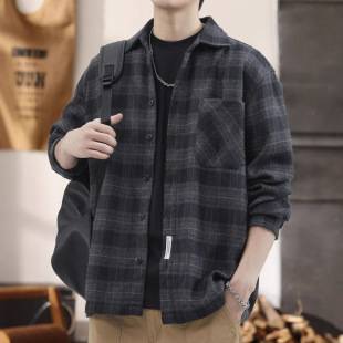 Autumn and Winter Style Fleece-Lined High-End Casual Plaid Jacket for Men, Loose Long-Sleeved Shirt, Versatile and Stain-Resistant Trendy Top