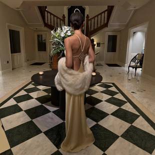 French-Style High-End Heavy-Duty Embellished Halter Neck Backless Dress with a Cinched Waist and Flowing Satin Mermaid Gown