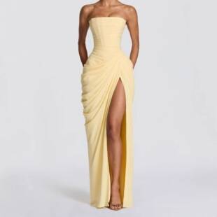 2026 Amazon In-Stock New Women's Fashion One-Shoulder Strapless Solid Color Slit Stylish Sexy Backless Evening Dress