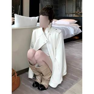 Suede Jacket for Women, Autumn, Off-White, Stylish, Biker Style, Loose-Fitting Jacket