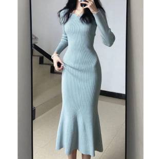 Blue Fishtail Knitted Dress for Women in Autumn and Winter, Inner Layering Hip-Hugging Skirt, Slim Waist Long Skirt