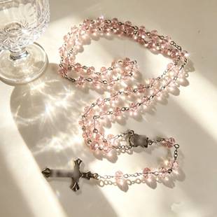 8mm Flat Crystal Cross Pendant Necklace, Cross-Border Hot-Selling Sweater Chain, Light Luxury Beaded Necklace