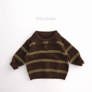 Tiny Queen forest-themed children's sweater, brown striped pullover sweater for boys and girls, baby knit top, Korean style