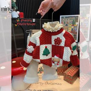 Ningli Girls' Christmas Sweater Thickened 2026 Autumn/Winter New Style Little Girls' Red Stylish Pullover Sweater Trendy