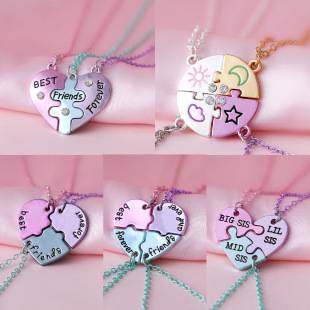 Cross-border Hot-selling European and American Best Friends Heart-shaped Stitching Simple Necklace Three-person Hanging Love Niche Creative Pendant