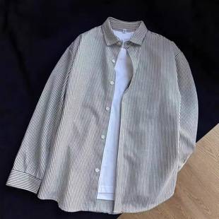 Spring and Autumn Black and White Vertical Striped Long-Sleeve Shirt for Men, American Retro Style Base Shirt, Designer Couple's Cardigan Jacket