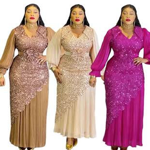 Cross-Border African Plus Size Women's V-Neck Long-Sleeved European and American Export Slim Hip Skirt Party Party Elegant Dress Skirt