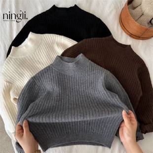 Children's Thickened Winter Knit Sweater for Boys, New Solid Color Top for Toddlers, Trendy Baby Base Sweater for Girls, Warm