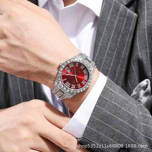Cross-border bestseller European and American men's watch with steel band, hip-hop Roman numeral dial, diamond-encrusted calendar, men's quartz wristwatch