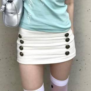 American retro style double-button washed denim shorts with unique design for women, summer thin slim-fit ultra-short skirt-pants