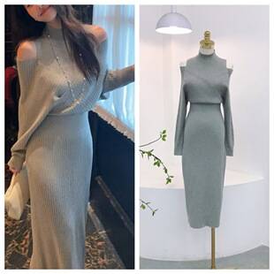 8158 Vintage Gentle Off-Shoulder Dress, New French Retro Style for Autumn and Winter, Half-High Collar, Waist-Cinching, Slit Long Dress, Thick