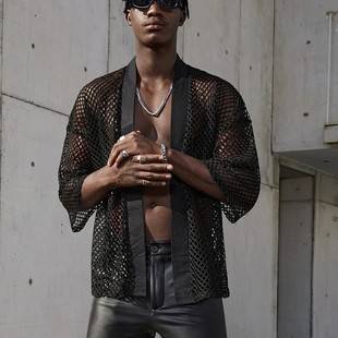 Hot Selling European and American Men's Cut Out T-Shirt Men's Sexy Mesh Cardigan Shawl Fashion Performance Clothing Top Shirt 8003