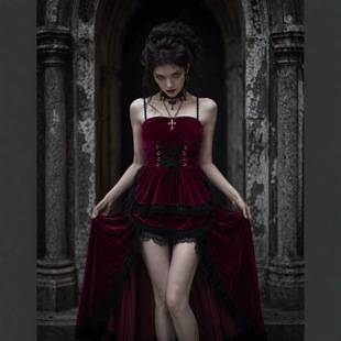 Velvet Dark Gothic Strap Dress with Vintage Lace, Short in the Front and Long in the Back, Halloween Ball Cosplay Costume
