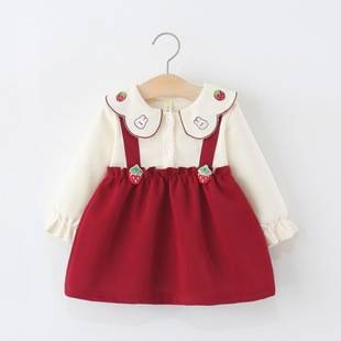 Children's Clothing Girls' Dress Spring and Autumn Baby Girl Long-Sleeved Strawberry Bunny Fake Two-Piece Princess Dress