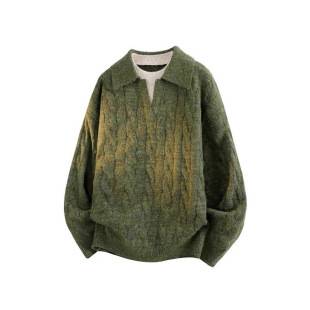 Fake Two-Piece Lapel Twist Pullover Knitwear for Men in Autumn and Winter New Thickeneded Lazy Style V Neck Knitwear Loose Top