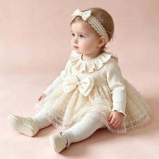 Korean-style gentle bow baby tulle dress for girls, suitable for full-month and 100-day celebrations, princess dress with soft and textured fabric for autumn