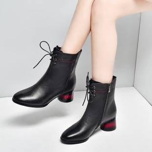 Genuine Leather cotton women's short boots 2023 autumn and winter new women's boots mid heel Martin boots round toe chunky heel fleece-lined short boots