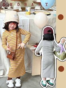 Korean-style children's clothing for spring and autumn, new fashion round-neck striped simple dress for baby girls, slim-fit long dress