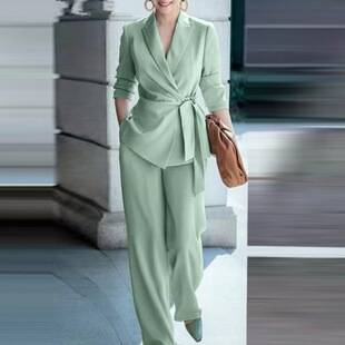 European and American Cross-Border 2026 Autumn Fashion Elegant Women's Casual Solid Color Suit with Tie Top and Pants Two-Piece Set