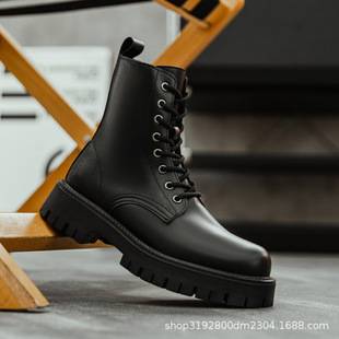 96118 Martin Boots Men's Zipper Boots High-Top British Style Genuine Leather Black Biker Boots Heightened Mid-Top Ankle Boots