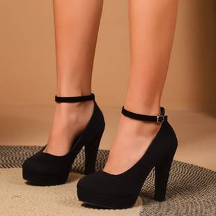 Year-Round Ready-Made High-Heeled Shoes for Women European and American Suede Thick Heel Buckle Waterproof Platform 34-42 Size Export Cross-Border Shoes