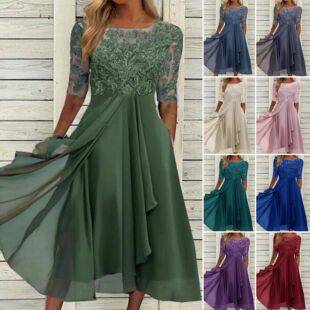 2025 European-style cross-border Amazon dress: chiffon patchwork with lace and cut-out details, long gown, bridesmaid dress, evening dress, women's clothing