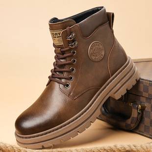 2025 Martin Boots Autumn and Winter Fleece-Lined Thickeneded Warm Men's Youth Leather Boots Casual Trendyy British Work Boots Trendyy
