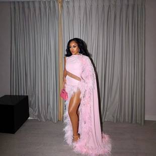 European and American cross-border fashion new style feather patchwork irregular slit dress with exposed midriff cape evening gown for women