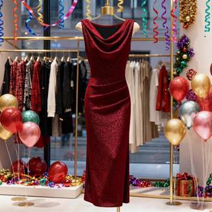 Cross-Border Women's Clothing: Shiny Silk Ruched Collar Dress, Slim Fit, Bodycon, Slit Evening Gown for Annual Party, Dinner, and Toasting at Amazon