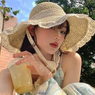 Summer 2026 New Style Women's Straw Hat with Hollow Design, Sun Protection Hat for Outings, Beach and Seaside Wide-Brimmed Sun Hat