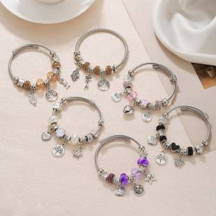 Cross-Border Popular Hot-Selling Panjia Key and Lock High-End Crown Pendant Beaded Accessible Luxury Elastic Bracelet DIY Women