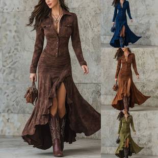 2026 Autumn/Winter Hot-Selling European and American Cross-Border Slim Fit Stand Collar Slit Long Suede Dress for Amazon Independent Stores