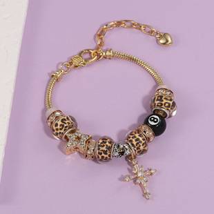 Cross-Border Hot-Selling Leopard Print Cross Bracelet with Zircon Black 8 Adjustable Beaded Lobster Clasp Bracelet with a High-End Feel Wholesale