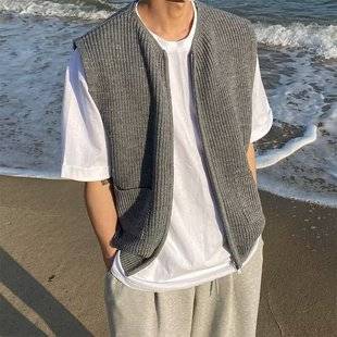 Early Autumn Crewneck Vest Sweater Men's Knitwear Vest Trendy Zipper Cardigan Hong Kong Style Instagram Popular Brand Loose Jacket