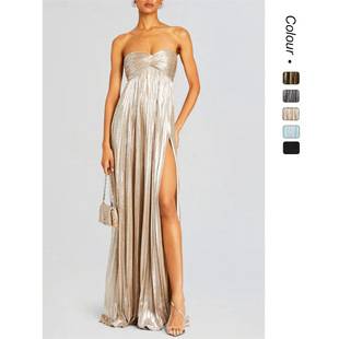 In Stock 25 Years Old European and American Summer Style Strapless Dress with Elegant Texture and Sexy Slit, Women's Evening Dress 68835