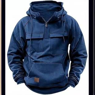 Cross-Border Autumn and Winter New Men's Hooded Solid Color Sweatshirt European and American Youth Sports Multi-Pocket Patchwork Sweatshirt Jacket