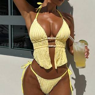 European and American Export Louver Fabric Split Bikini Suit Lace-Up Swimsuit Women's Swimwear Manufacturer Wholesale Direct Sale