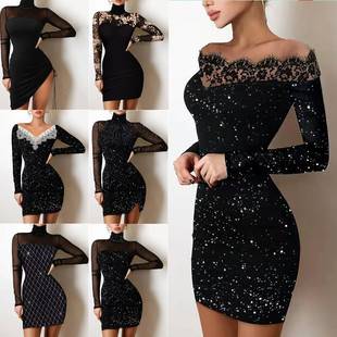 Amazon European and American Cross-Border Women's Fitted Silver-Embossed One-Shoulder Bodycon Black Dress Evening Gown 230g