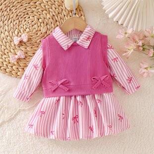 Baby Girls Clothes 0-3Y Baby Girl Spring Autumn Long Sleeve Striped Shirt Dress + Knitted Vest