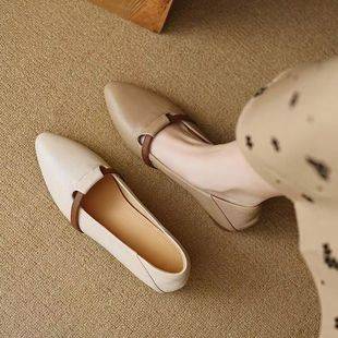 Women's Flats 2024 Autum New Style Comfortable and Versatile Thick Heel Soft Leather Soft Sole Non-Tiring Feet One-Leg Pointed Toe Low-Heeled Shoes
