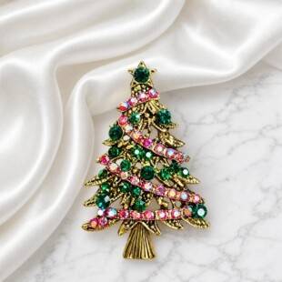 Christmas tree pin, red and green rhinestone alloy brooch, holiday gift, coat and bag pin, in stock