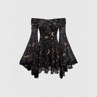 Gothic Round Neck Retro Mysterious Star and Moon Coat Long-Sleeved All-Over Short-Sleeved Printed Bell-Sleeve A-Line Dress