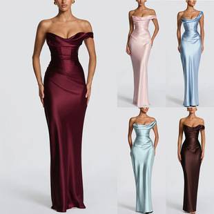 Cross-border evening dress, European and American spring/summer new style, one-shoulder satin bodycon dress, INS party and vacation women's dress