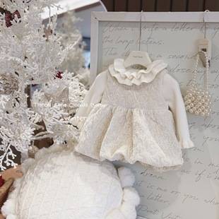 Infant Baby Girl Autumn and Winter Velvet Heavy-Duty High-End Pearl Skirt Quilted Exquisite Dress