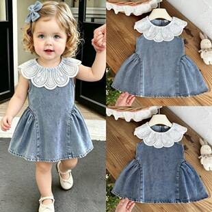 Baby Girls Clothes 0-3Y Baby Girl Summer Sleeveless Lace Doll Collar Denim Dress In Stock