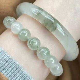 Authentic Imitation Tianshan Jade 10mm Bracelet with a Half Mountain Half Water Design, Elegant for Women, New Chinese Style, Ancient Style Round Bar Ice-Type Bracelet with Floating Flowers