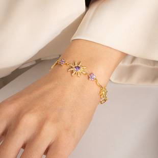 New Camellia Design Rose Pink Gemstone Geometric Flower Design Dazzling Bracelet Gold-Plated Full Diamond Sparkling Colorful Gemstone Bracelet
