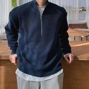 Spring and autumn loose-fitting fashionable half-zip pullover sweater for men, Hong Kong style versatile casual design with stand-up collar knitwear