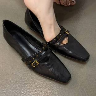Sheepskin version~British-style, versatile, fashionable, and comfortable Mary Jane shoes for women, featuring stylish rivets, perfect for commuting and exuding an elegant vibe
